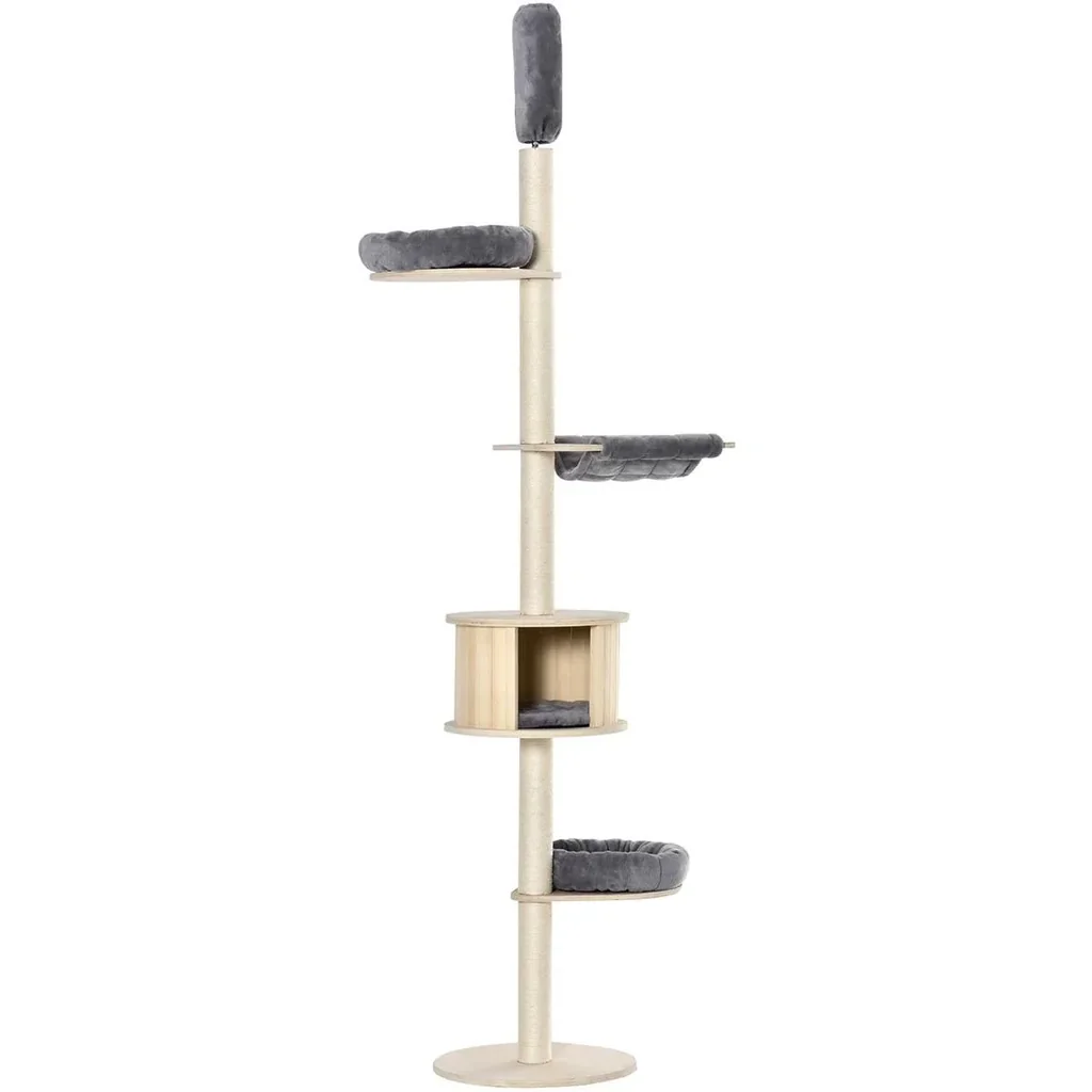 Kratzbaum Katzenbaum Deckenhoch Kletterbaum mit holz Katzenhöhle Sisal Plüsch höhenverstellbar Grau 50 x 50 x 232-252 cm