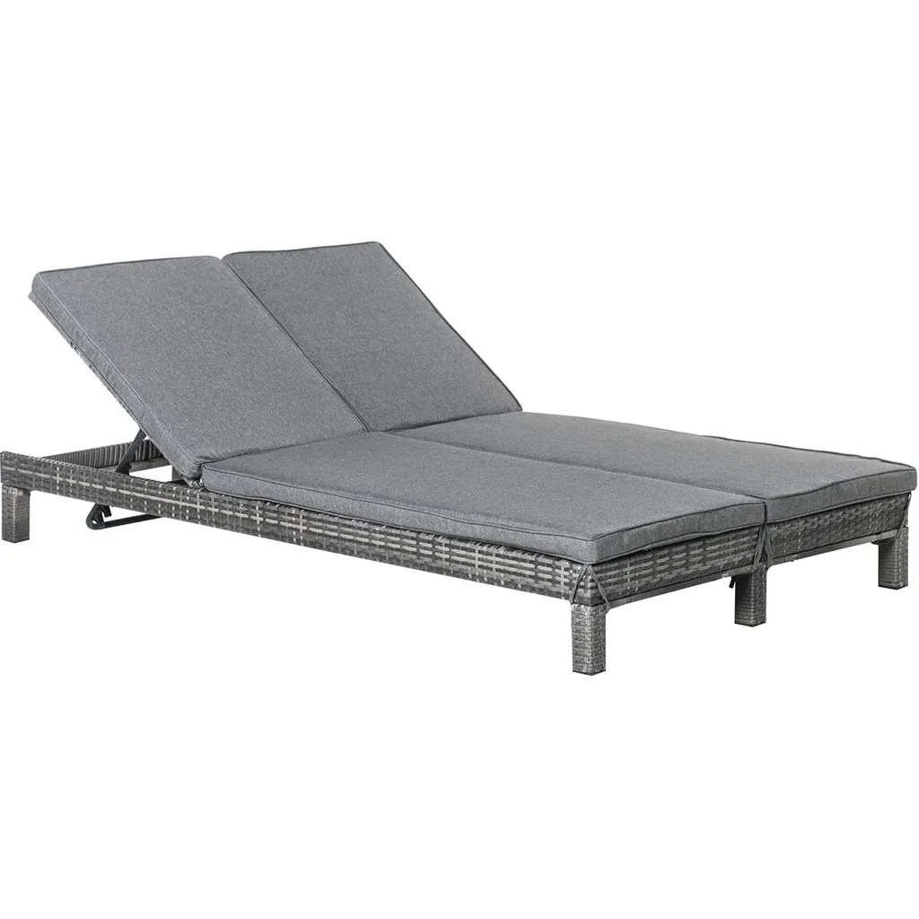 Gartenliege, Doppelliege, Relaxliege für 2 Personen, Luxus Lounge, 5-stufige Rückenlehne, Metall, PE Rattan, Grau, 195 x