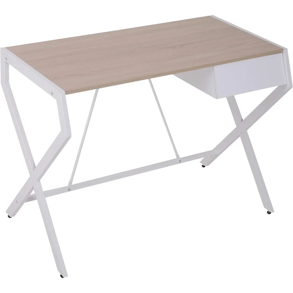 Schreibtisch Computertisch mit Schublade Spanplatte Metallrahmen 20 kg Belastbarkeit Weiß + Natur 105 x 56 x 75 cm