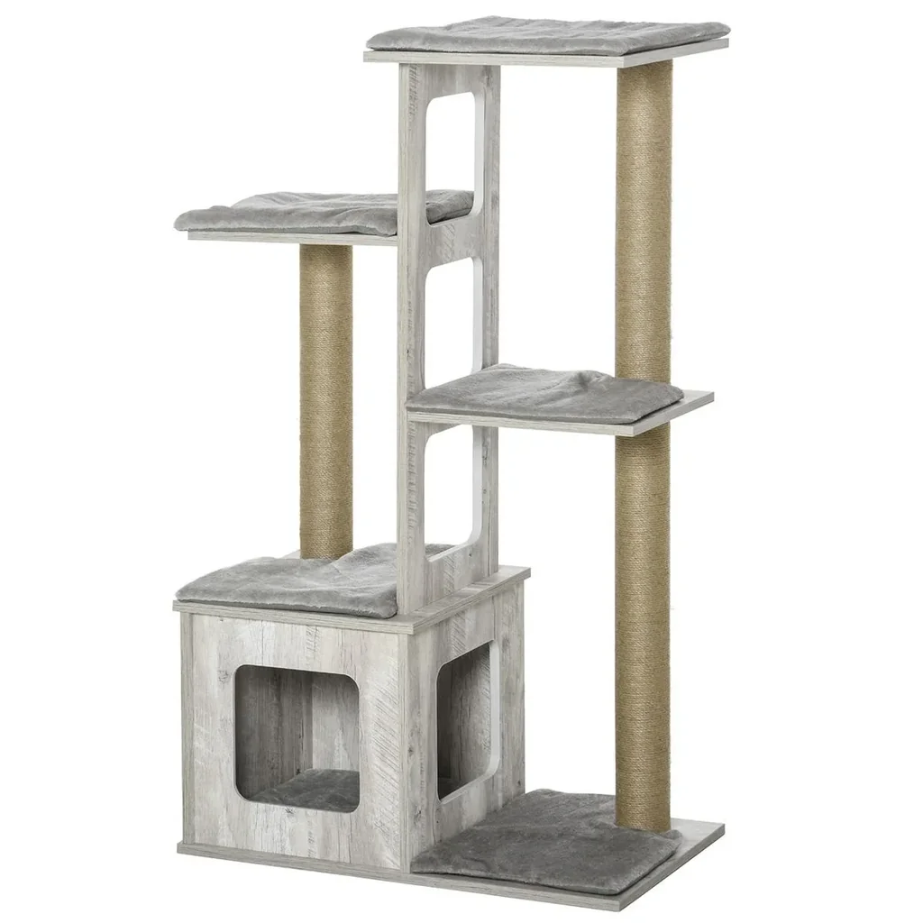 Katzenbaum Kratzbaum Katzenmöbel mit Mehrstöckigem Katzen Aktivitätszentrum Jute Plüsch Grau 67 x 38,5 x 114 cm