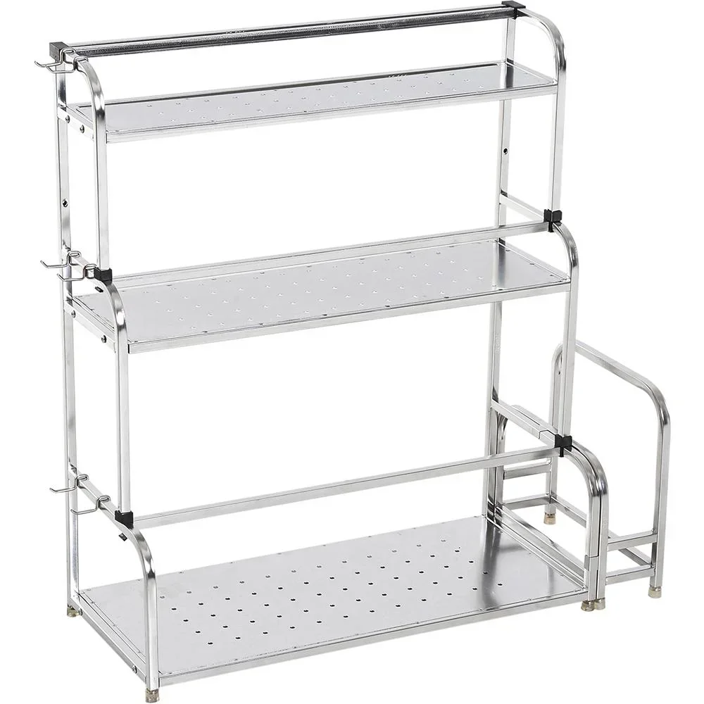 Küchenregal Standregal 3 Ablagen mit 6 Haken Multifunktions Edelstahl Silber L58 x B22 x H59cm