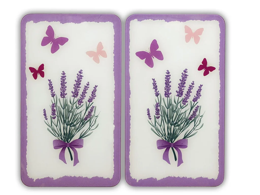 3 in 1 Herd-Abdeckplatten, Schneidbretter, Arbeitsplatten, Glas, Lavendel Bouquet-Design, je 52 x 30 cm, 2er-Set