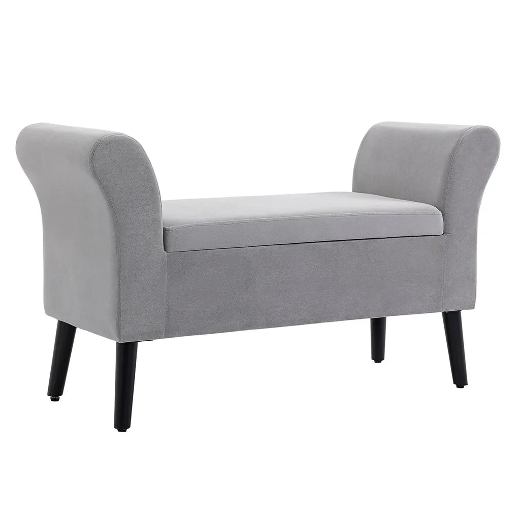 Sitzbank Polsterbank mit Stauraum Polyester Gummiholz Hellgrau 111,5 x 41 x 65 cm