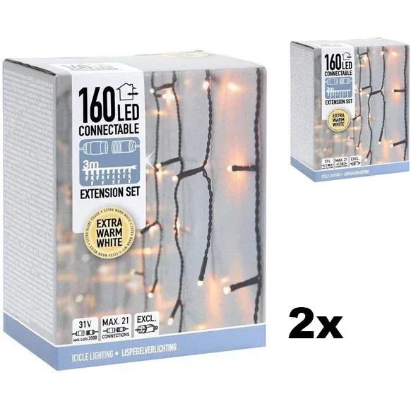 Weihnachtsbeleuchtung SET of 2 - Verkettbar - 160 LED - 3 Meter - Warm White - exkl. Adapter