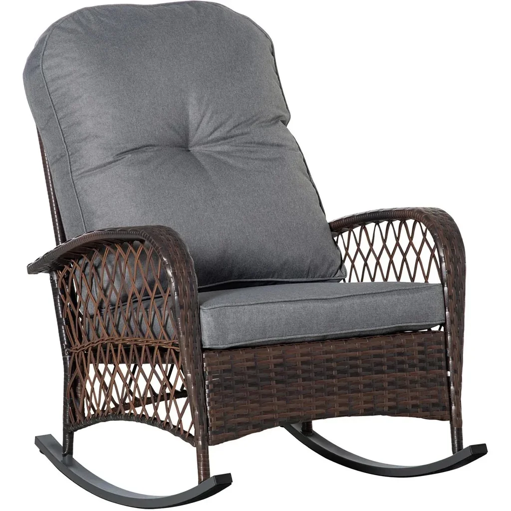 Schaukelstuhl gepolstert mit Knopfheftung PE Rattan Stahl Braun + Grau