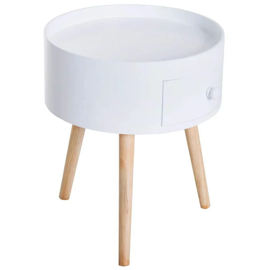 Couchtisch rund Beistelltisch mit Schublade Holz Weiß
