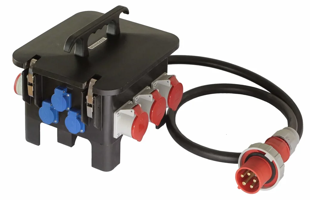 Baustellenstromverteiler M6 Anschluss CEE 400V, 63A, 3 Steckdosen 230V, 3+3 CEE-Steckdosen 400V