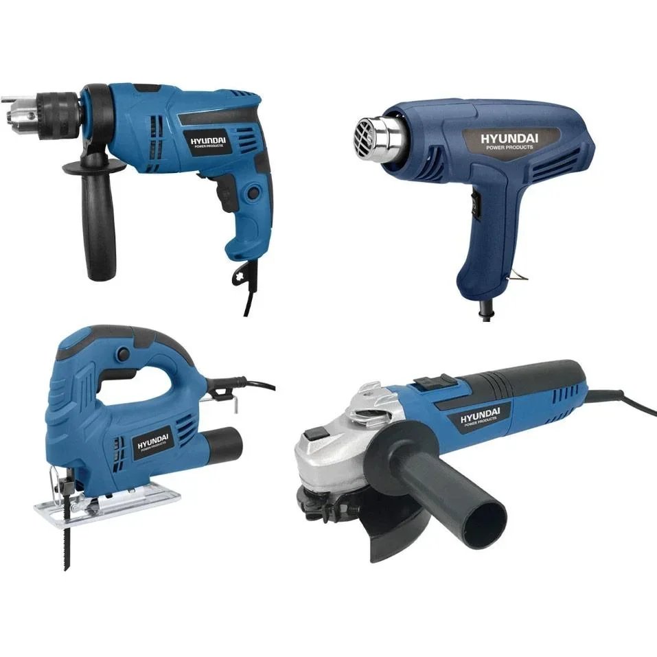 Elektrowerkzeugsatz XL: Schlagbohrmaschine, Stichsäge, Heißluftgebläse und Winkelschleifer