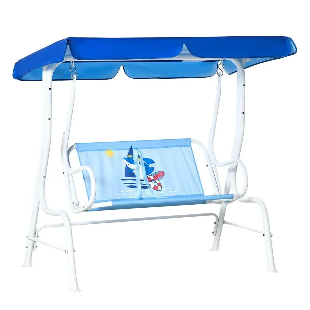 Kinderhängematte 2-Sitzer Kinderschaukel mit verstellbarem Sonnendach für 3-6 Jahre Kinder Metall blau 110 x 74 x 113 cm