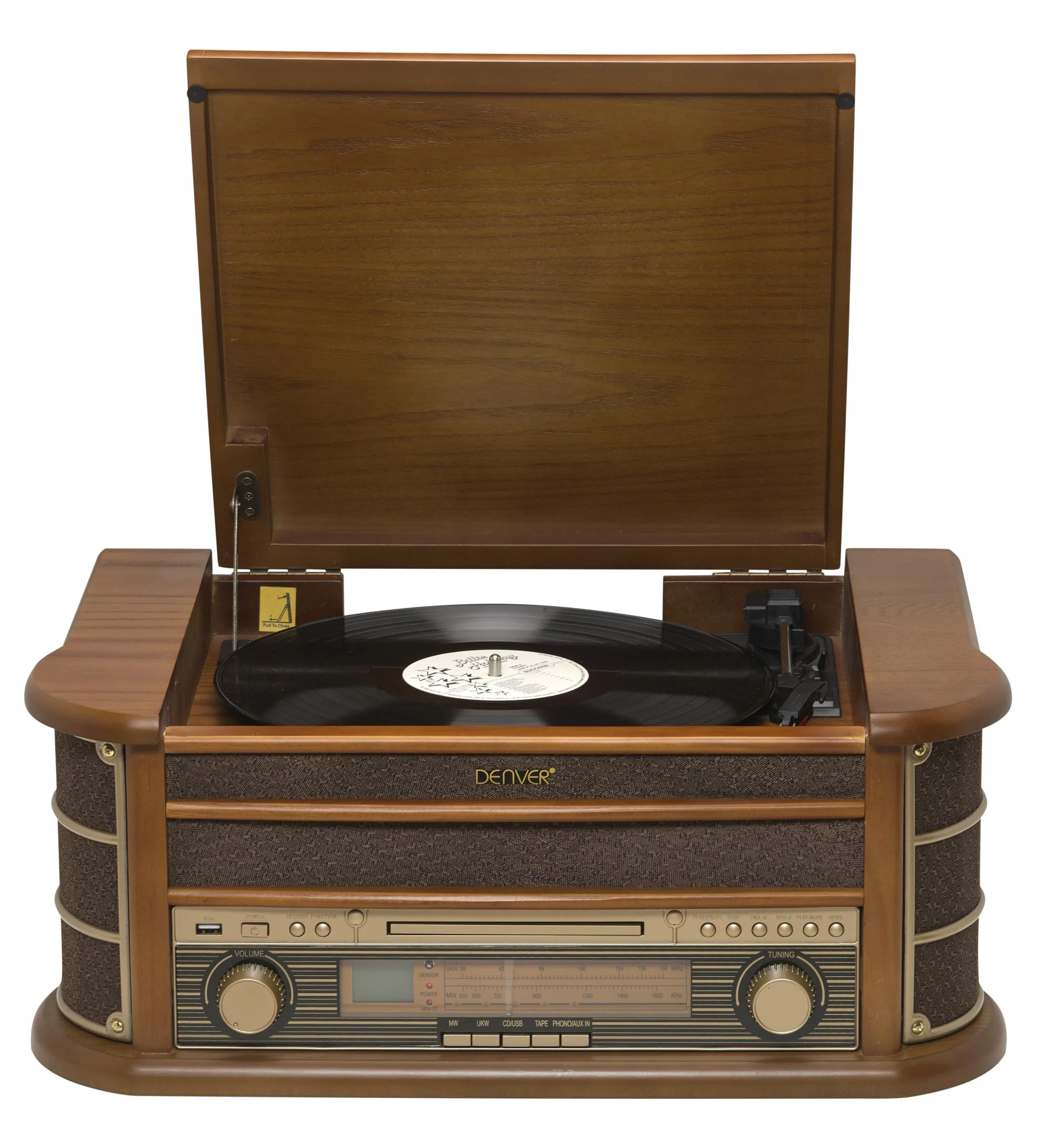 Retro Plattenspieler mit USB, CD, Radio, Kassette und Lautsprechern