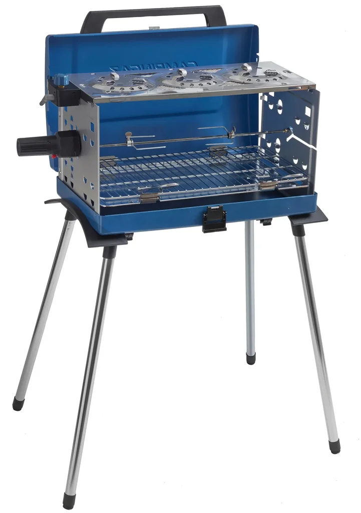 Koffergasgrill 400 SGR ( 50 mbar) 3-flammig, mit Grillspieß, Batteriemotor sowie Piezozündung, inkl. Schlauch