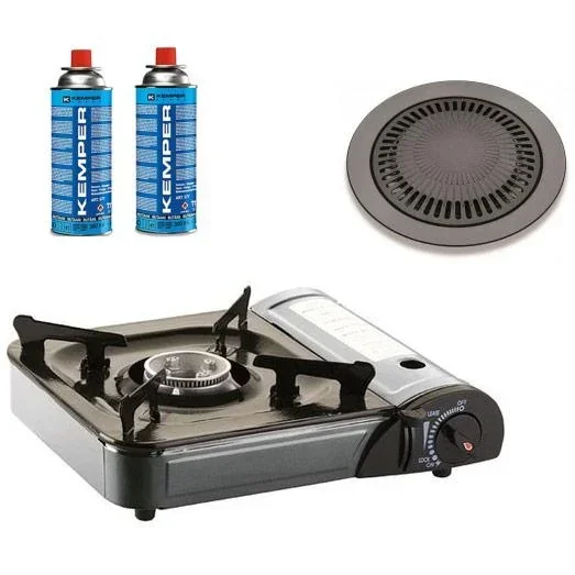Tragbarer Gasherd - Gasgrill mit Kochfeld und 2 Gasflaschen - 2200W - 33x29x8 cm