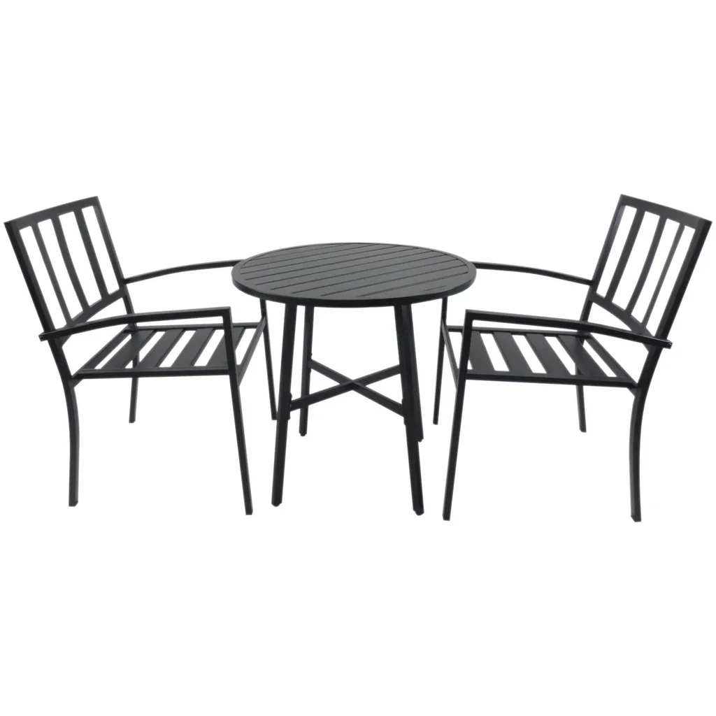 3-teilige Essgruppe Sitzgruppe Esstisch-Set rund Tisch Metall Schwarz mit 1 Tisch + 2 Stühlen