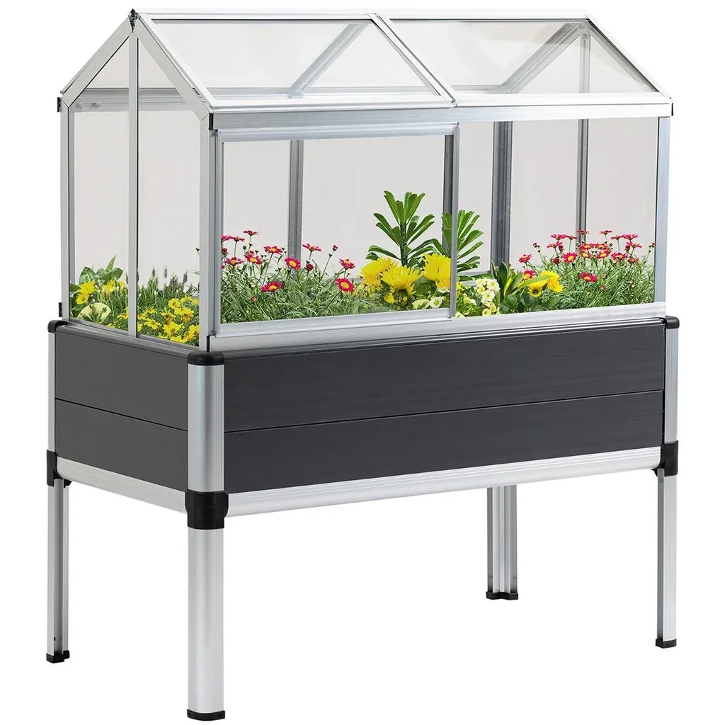 Hochbeet mit Frühbeet Aufsatz aus Aluminium für Garten Terrasse Balkon Kräuterbeet Pflanzkasten Grau 113,5 x 61 x 128,5