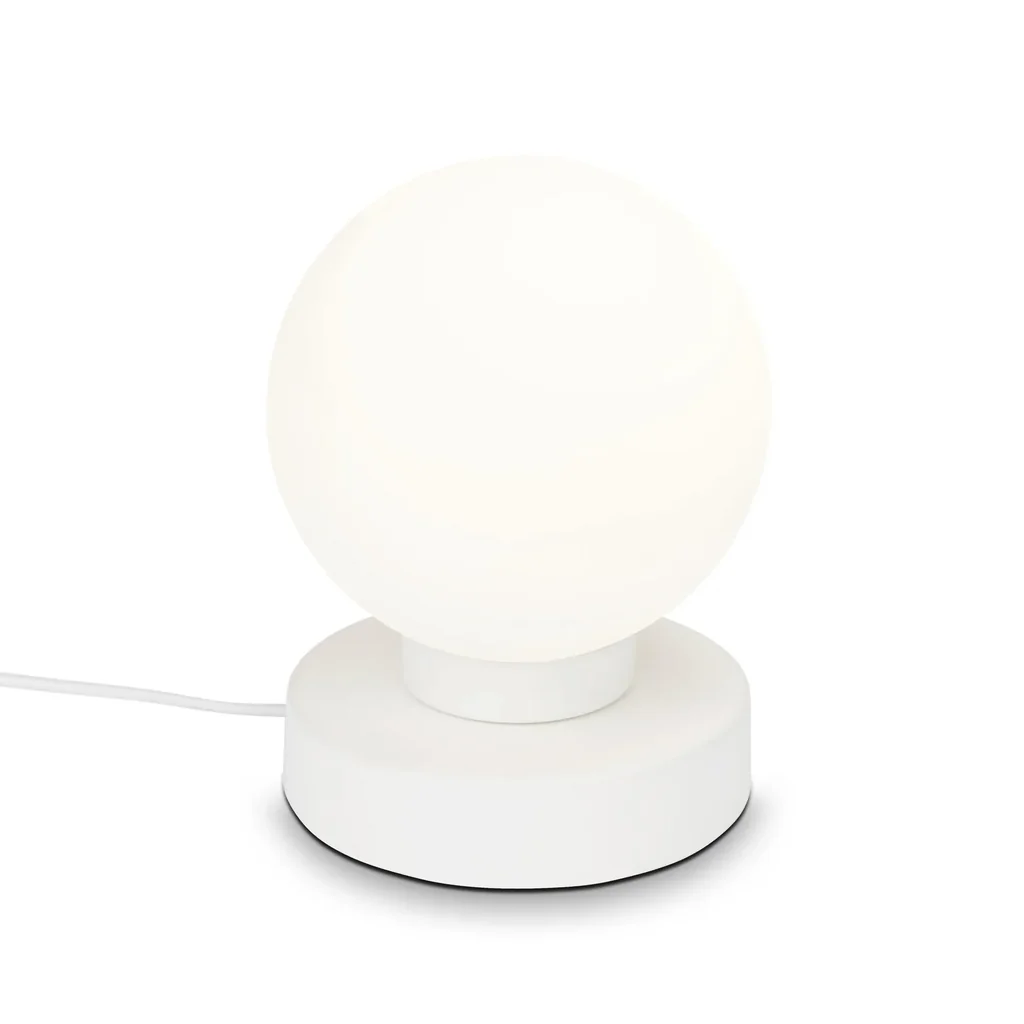 PULU Tischleuchte, Metallsockel weiß, Opal Glas, Kabelschalter, E14 Fassung