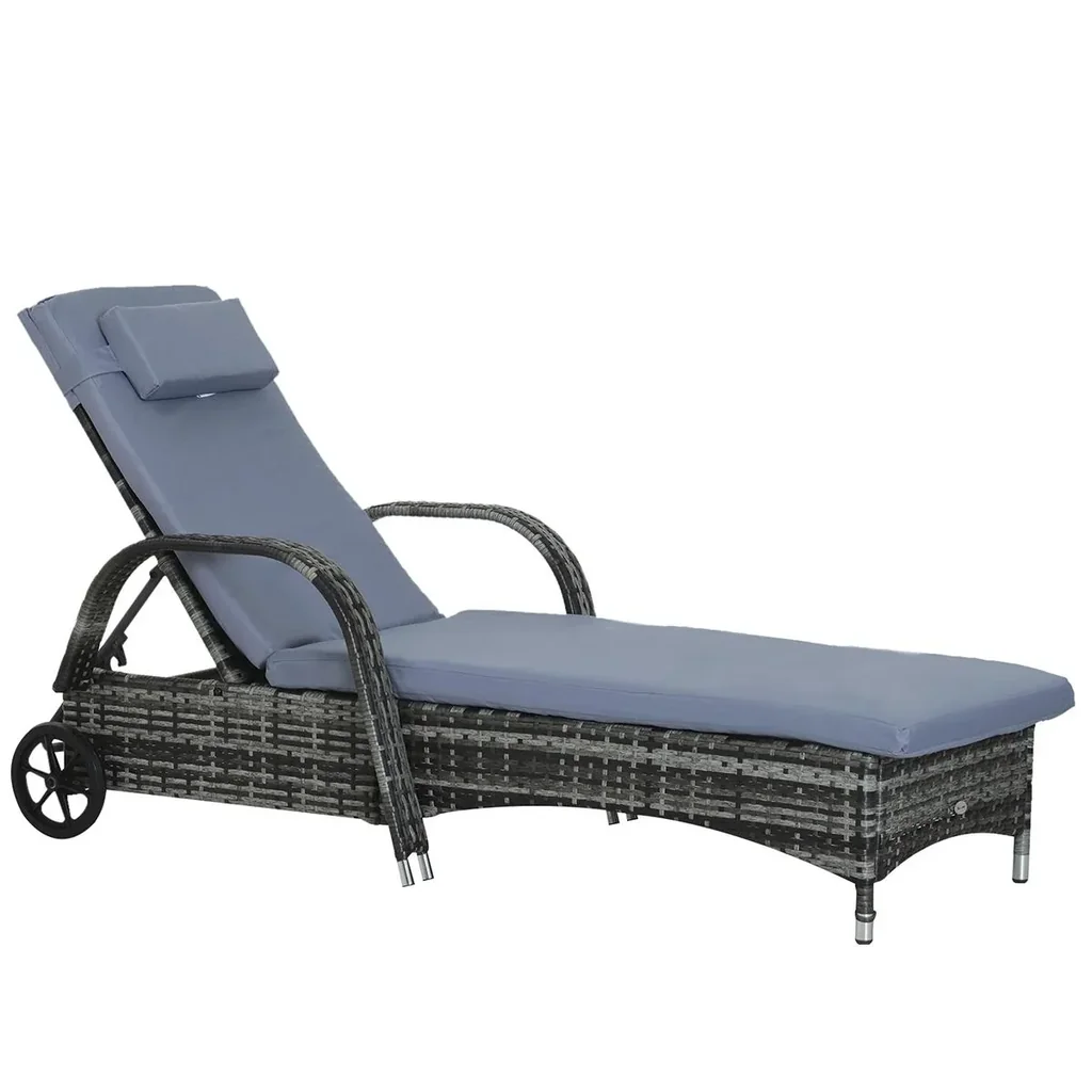 Gartenliege Sonnenliege Rattanliege Gartenmöbel Liege mobil mit Kissen, Polyrattan+Metall, Grau, 200x73x72-103cm