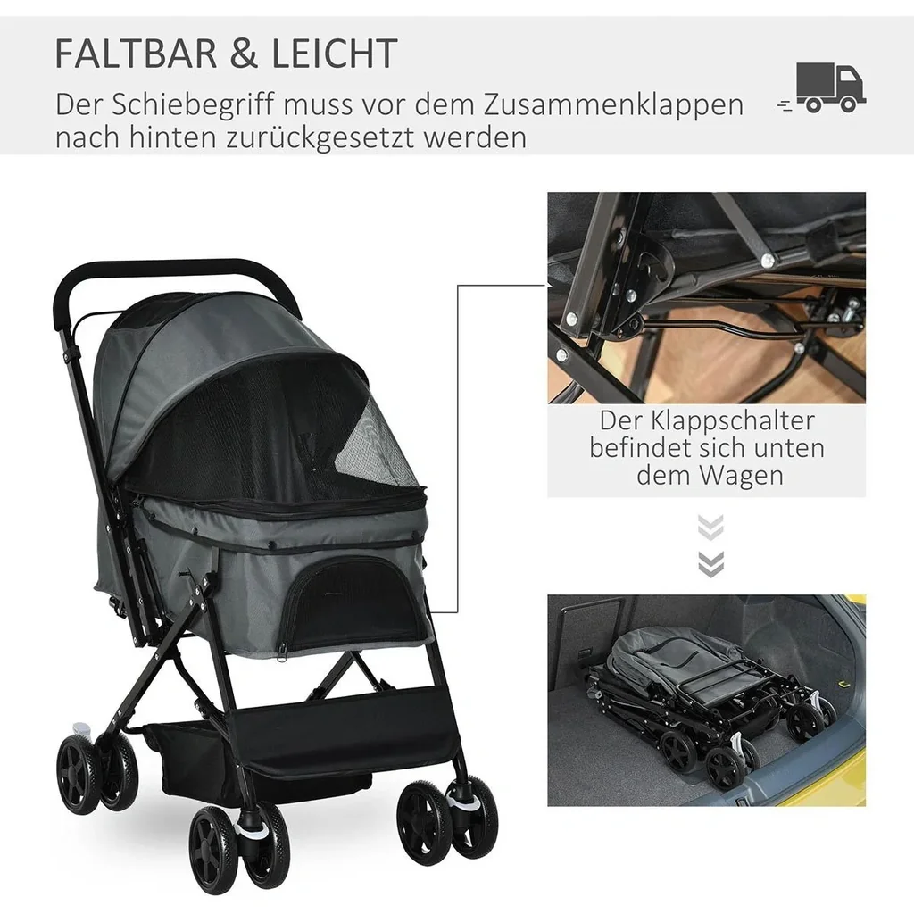 Hundebuggy Hundewagen Buggy für kleine Hunde und Katzen Haustierwagen Pet Stroller Katzenbuggy Oxford Dunkelgrau 76,5 x