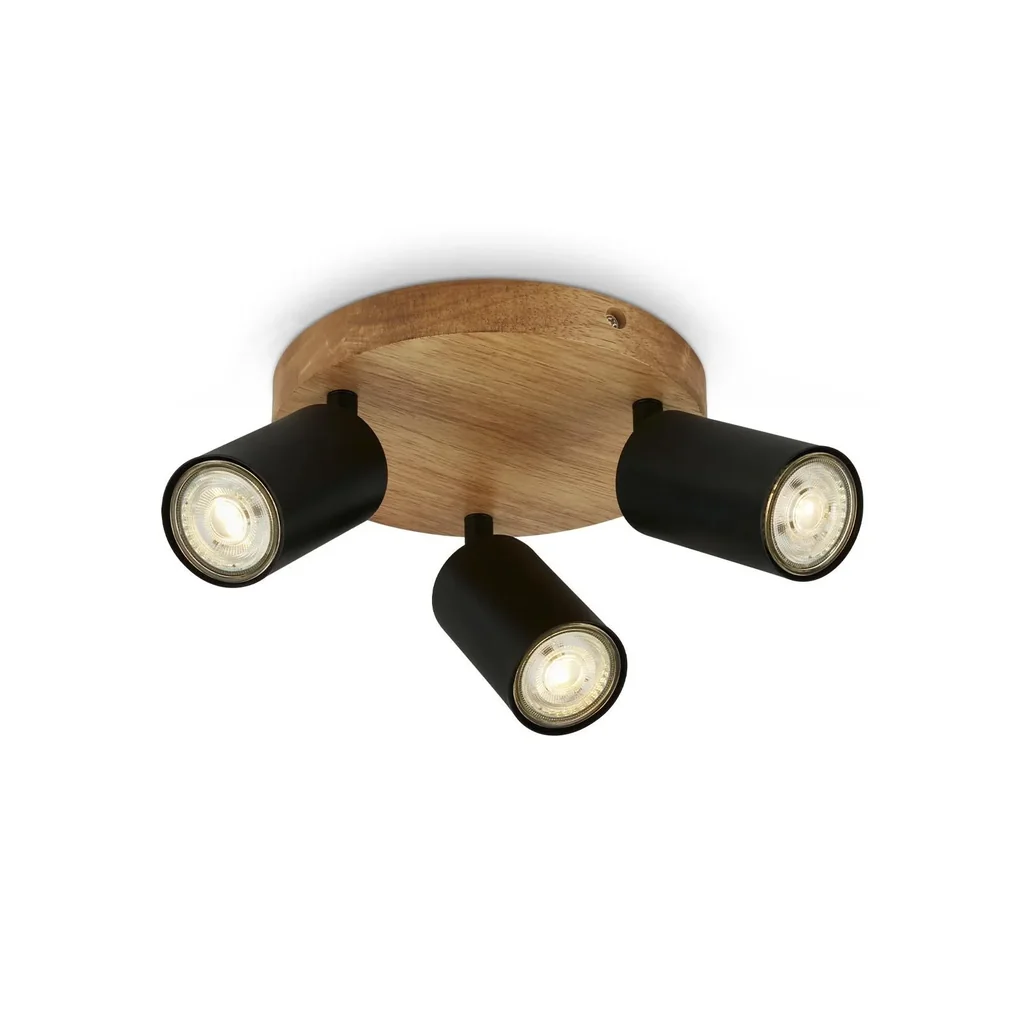 Vintage Spotleuchte 3-flammig, schwarz mit Holzbaldachin, 3 x GU10 Fassung