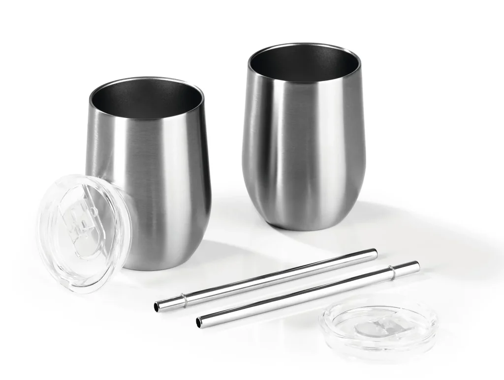 Thermo Getränkebecher aus Edelstahl mit Edelstahl Trinkhalme und abnehmbaren Deckeln, 6-teilig 350 ml