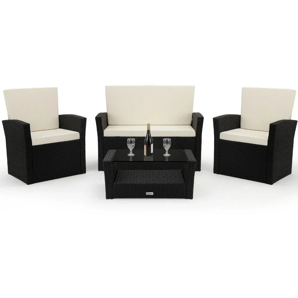 Polyrattan Garten-Set - 10-teilig - Schwarz/Creme