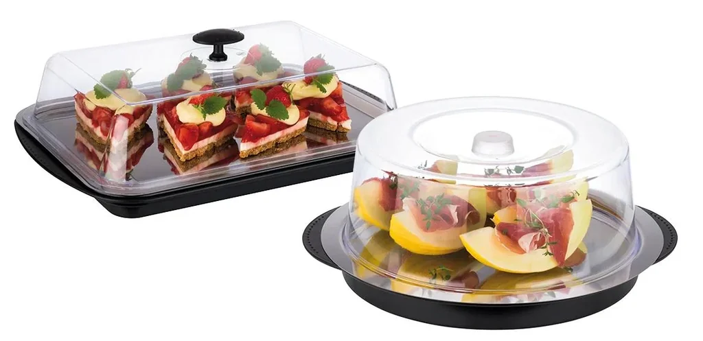 Thermo Tablett Set Ø 35 cm: stabile Schale, Edelstahl Tablett, 2 Kühlakkus, Frischhaltehaube