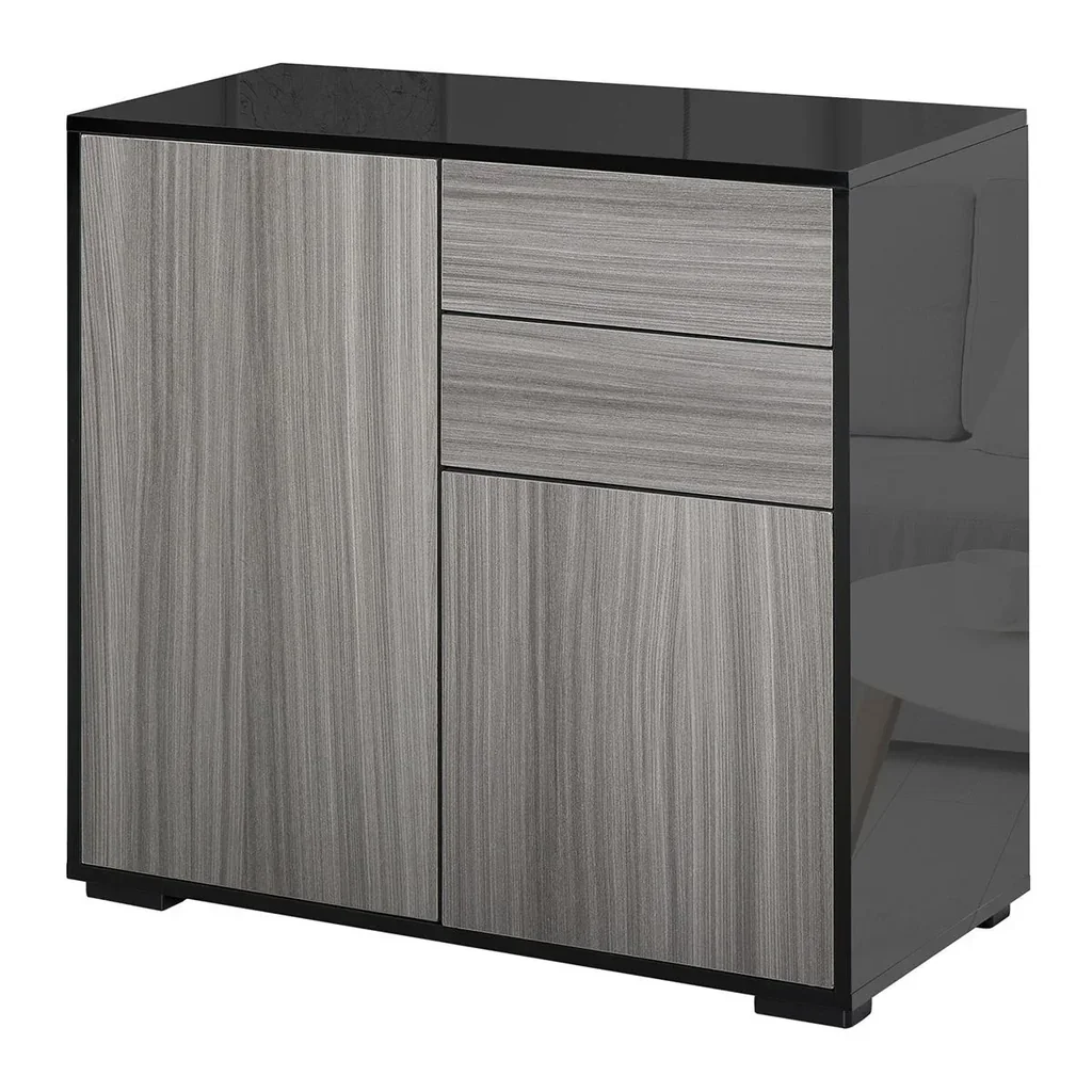 Standschrank Aufbewahrungsschrank Mehrzweckschrank Aktenschrank Kommode 2 Schublade 2 Türen E1 Spanplatte Schwarz+Grau