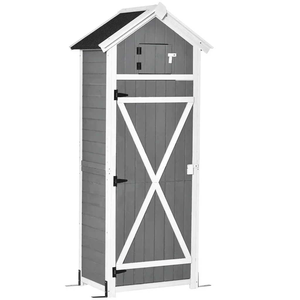 Gartenschrank Holz Gerätehaus mit Tür Dach Geräteschuppen mit Hacken Gartenlagerschrank faltbarer Tisch Outdoor Grau 78