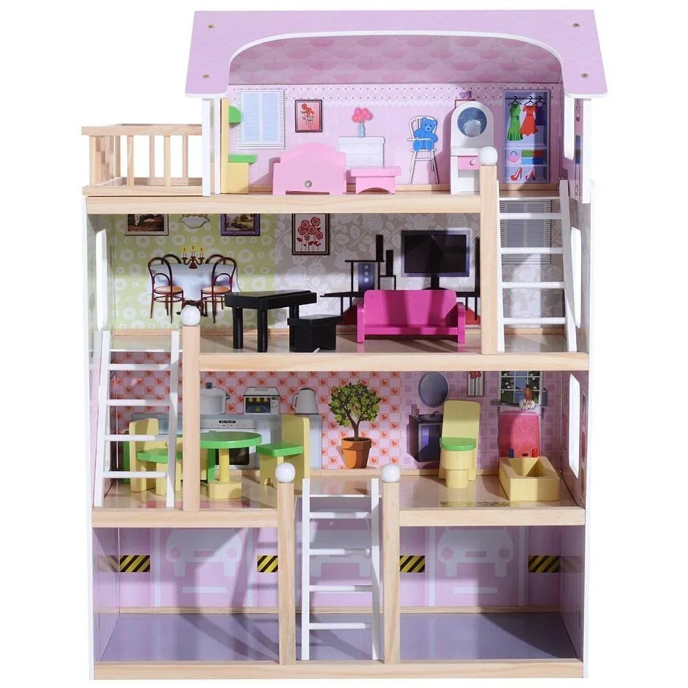 Puppenhaus 4 Etagen mit Möbeln Holz L60 x W30 x H80cm