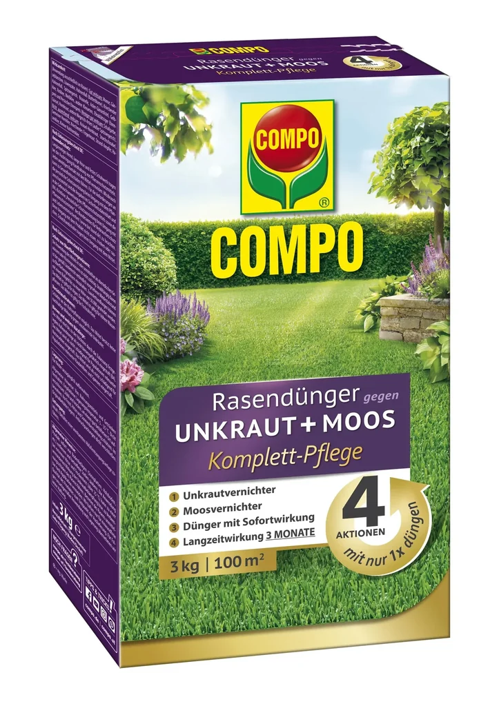Rasendünger gegen Unkraut und Moos, Komplett-Pflege, für 100 m², 3 kg