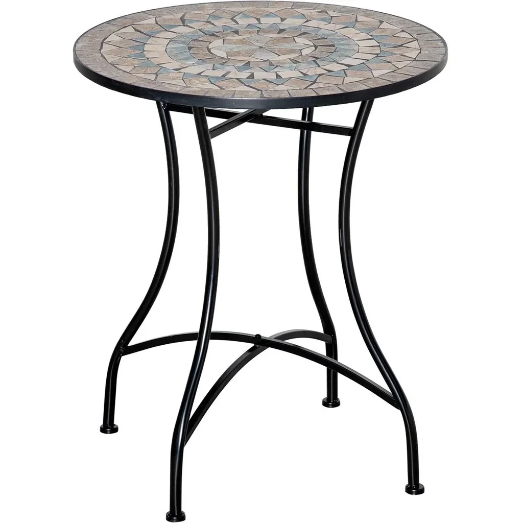 Bistro-Gartentisch in Mosaikoptik, Keramik+Metall, grün+beige+weiß, 60 x 71 cm