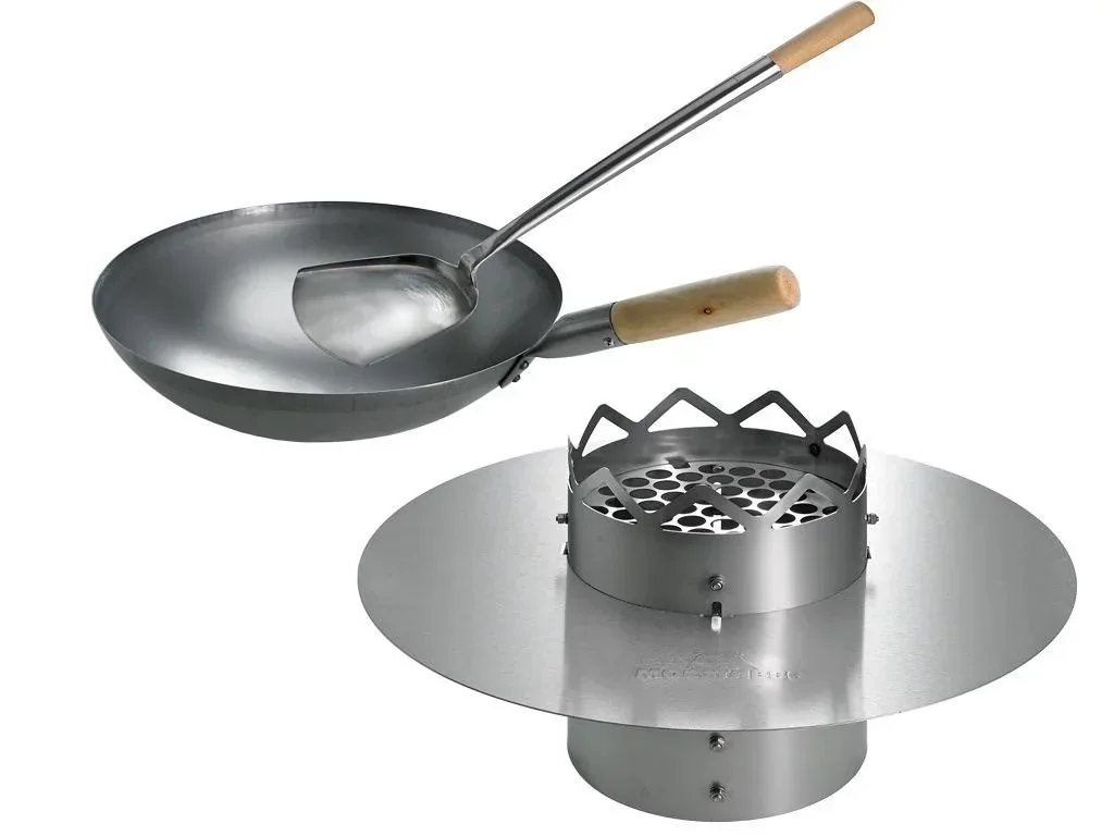 WOK N BBQ Komplettpaket - für Kugelgrill (57cm) inkl. Stahlwok, Ablagering und Woklöffel