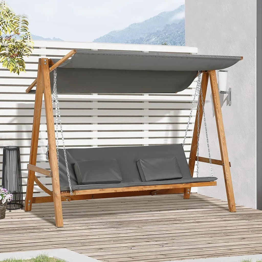 Gartenschaukel für 3 Personen, klappbar zum Doppelbett, grau+teak, 225,5 x 113 x 180 cm