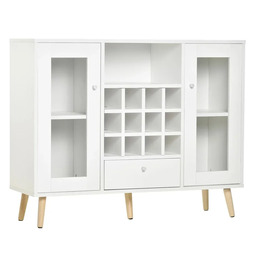 Küchenschrank Sideboard küchenmöbel mit Glastüren Schublade und 12-Flaschen Weinregal für Wohnzimmer und Küche Spanplat