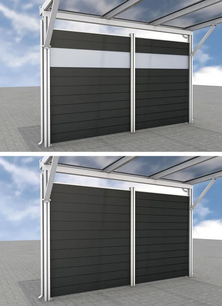 Seitenwand für Carports, weiß, 2,96 x 1,86 m, WPC Dielen dunkelgrau / PC Paneele klar