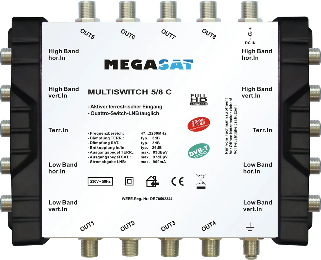 Multischalter 5/8 C - Erweiterbares System. Geeignet für 1 Satellit bis zu 8 Teilnehmer pro Multischalter