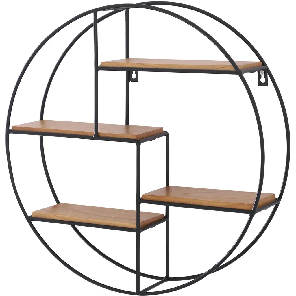 Wandregal Bücherregal Metallregal Hängeregal Dekoregal rund 4 Etage Metall + Holz Schwarz + Natur ?45 x 11cm