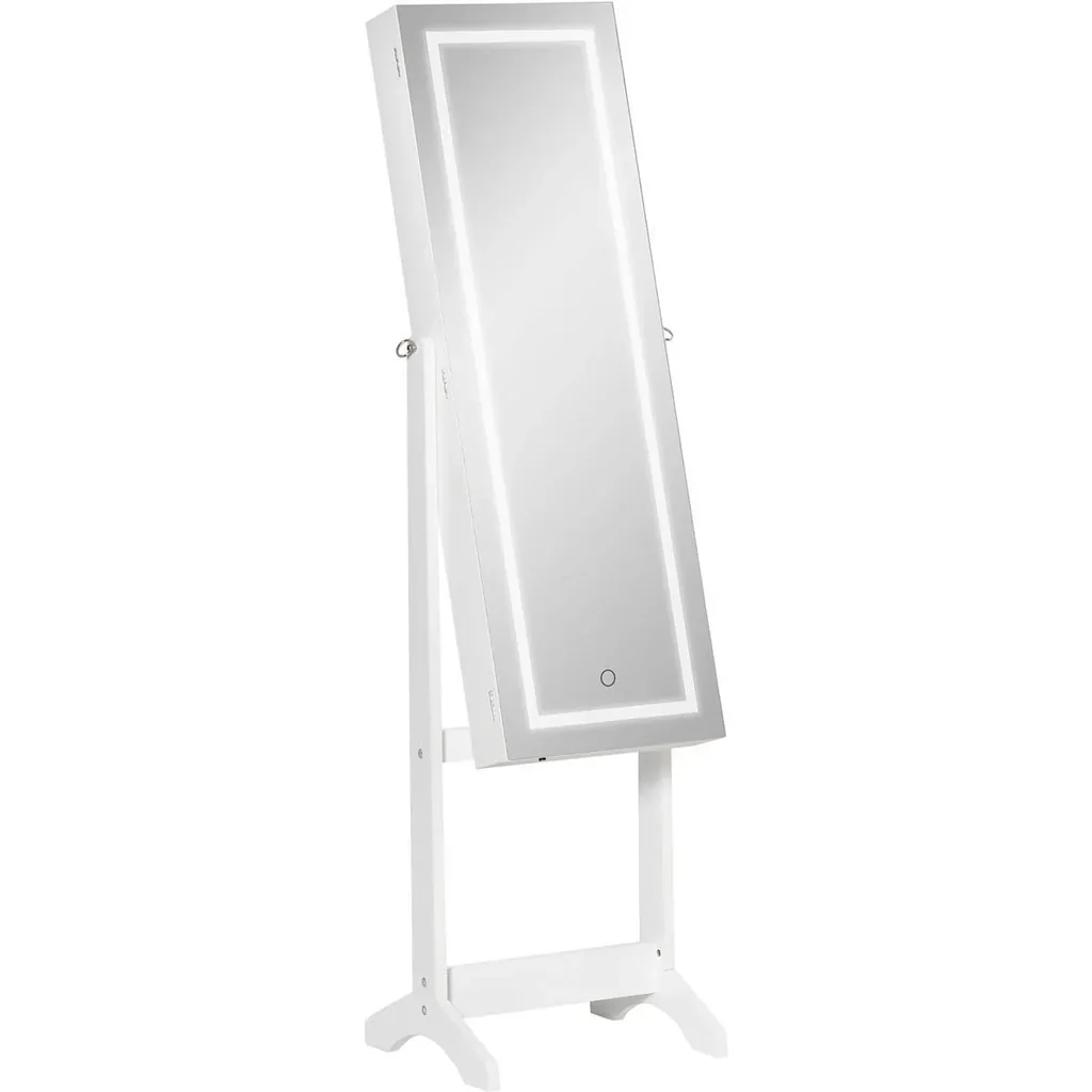 Schmuckschrank mit LED Spiegelschrank Schmuckregal Schmuckorganizer Standspiegel mit 4 Ablagen 46 x 36,5 x 151,5 cm