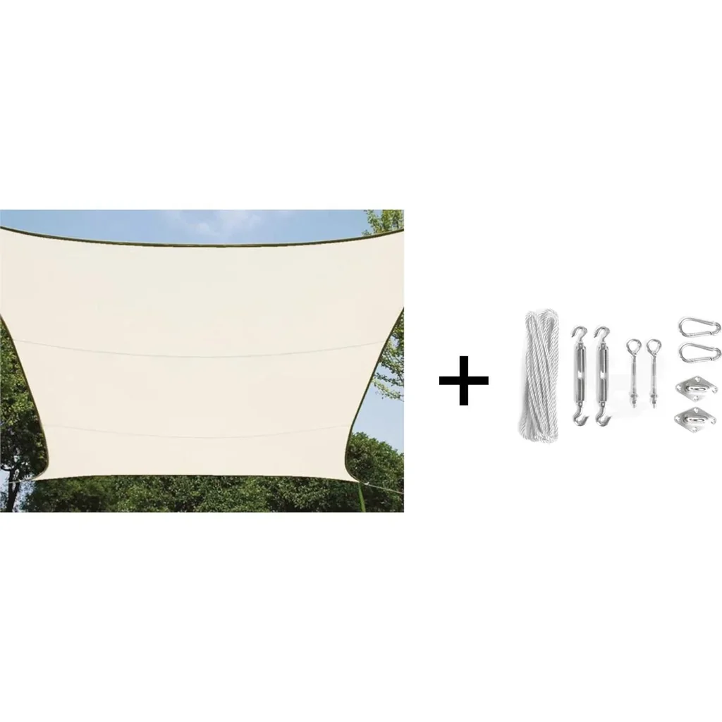Schattentuch / Sonnensegel inklusive Perel-Befestigungskit - Rechteck - 4 x 3m - Creme