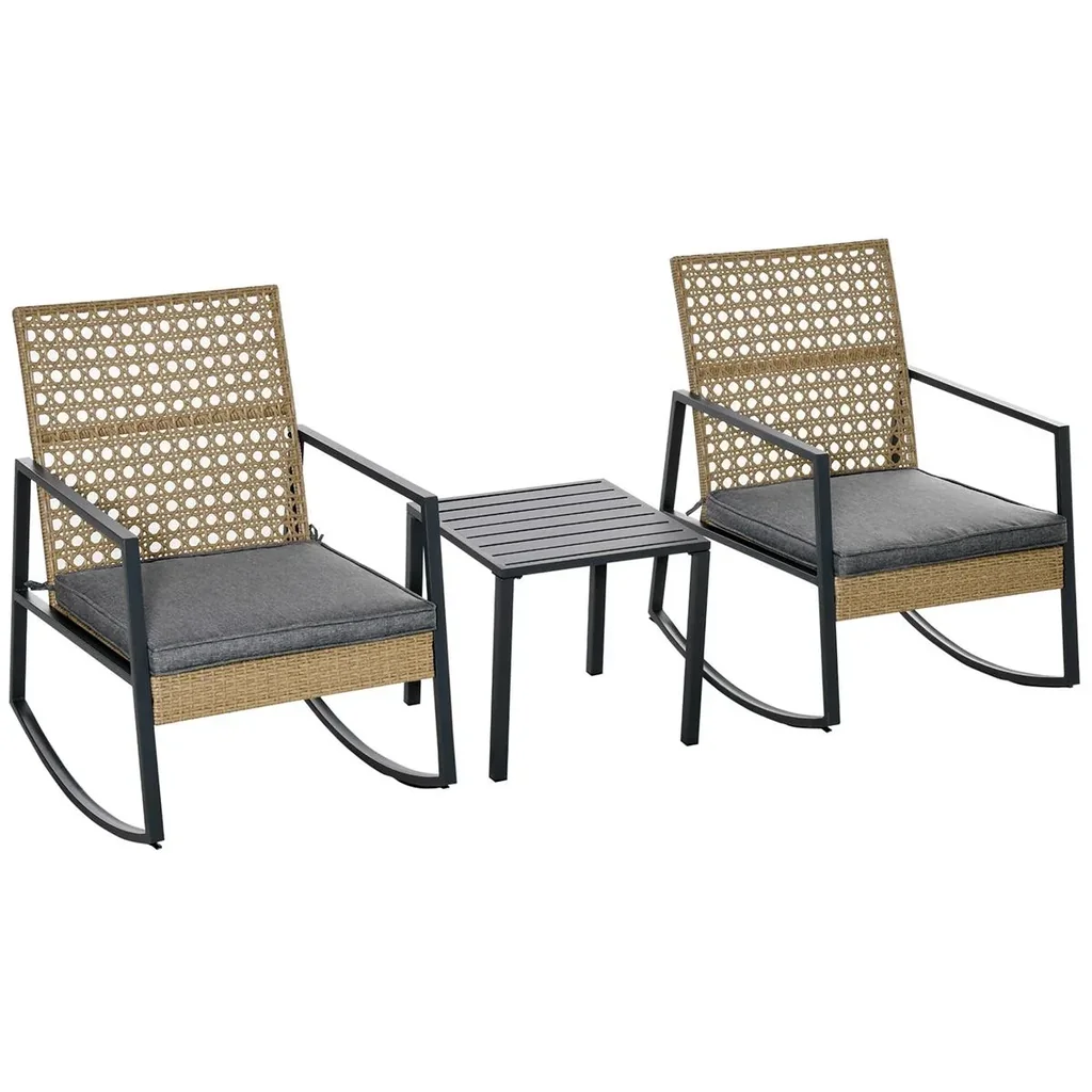 Rattan-Schaukelstuhl 3 teilige Bistroset 2 Stühle 1 Tisch mit Kissen Stahl für Gärten Terrassen Außenbereich Terrassenmö