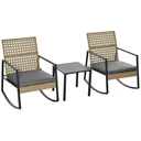 Rattan-Schaukelstuhl 3 teilige Bistroset 2 Stühle 1 Tisch mit Kissen Stahl für Gärten Terrassen Außenbereich Terrassenmö