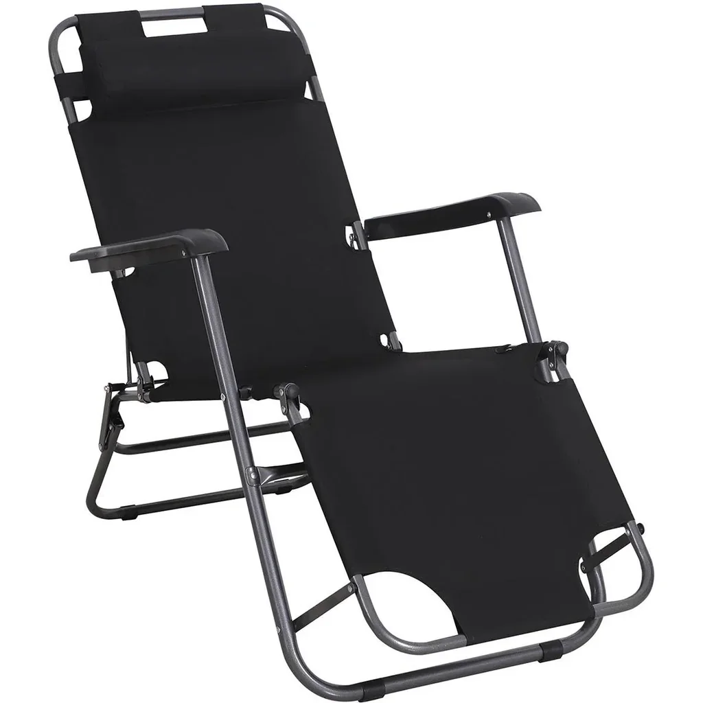 Sonnenliege mit Kissen, Klappbare Strandliege, 2-Stufige Gartenliege , 2-in-1 Relaxliege, Metall + Oxfordstoff, Schwarz
