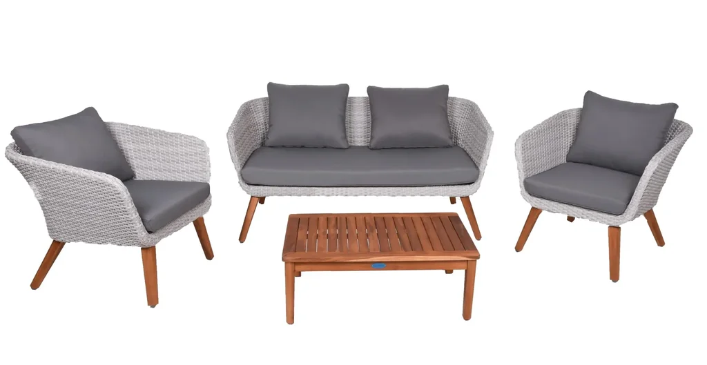 Sitzgruppe ARONA, 4-teilig, Alu / Akazie FSC 100% / Kunststoffgeflecht, grau