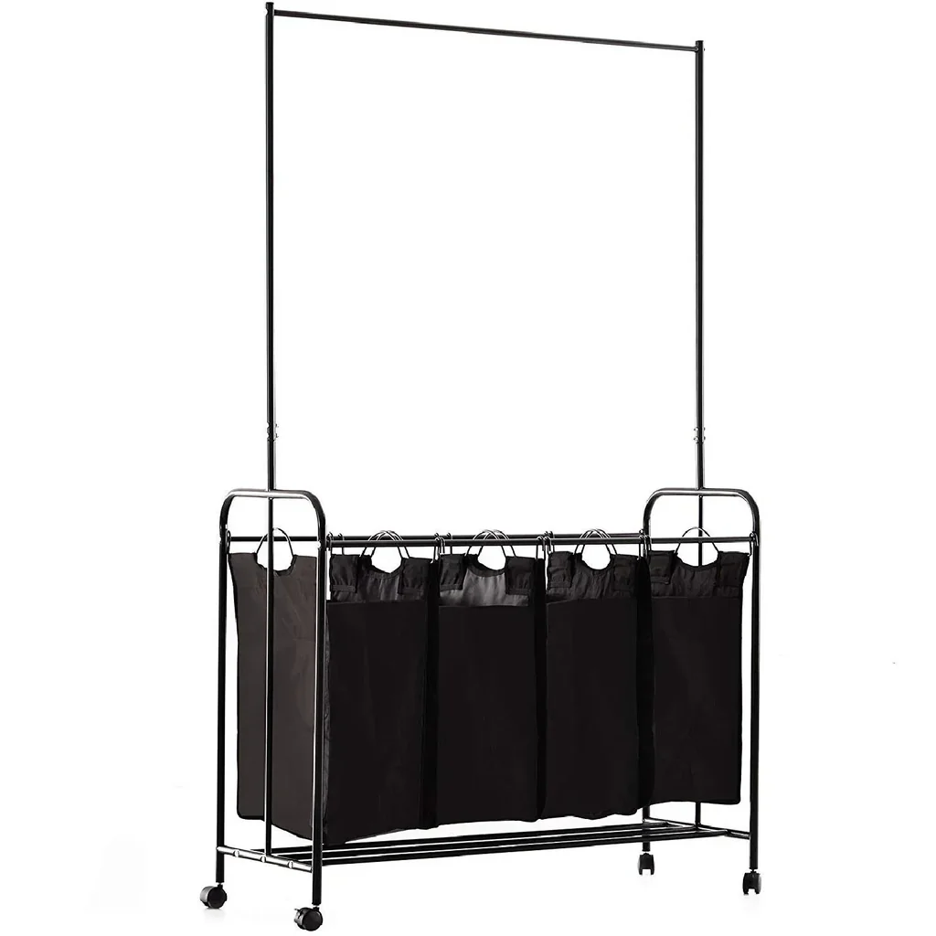 Wäschekorb Wäschewagen 4 Sortiere Fächer Rollen Schwarz