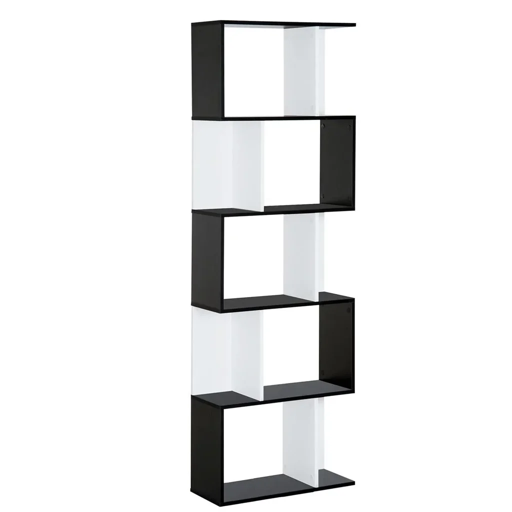Bücherregal S-förmig Ausstellungsregal Standregal 5-stöckiger moderner Raumteiler Spanplatte Schwarz 60 x 24 x 184,5 cm