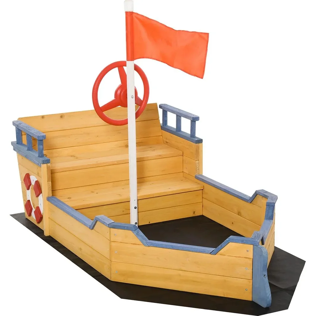Holzspielboot für Kinder mit Sandkasten naur, blau