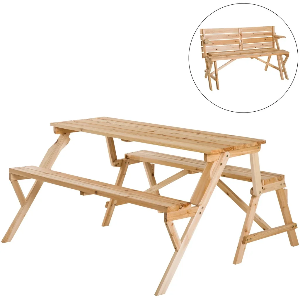 Bierzeltgarnitur 2-in-1 klappbar Sitzgruppe Gartengarnitur 1 x Tisch 2 x Sitzbank Tannenholz Natur 138 x 130 x 73 cm