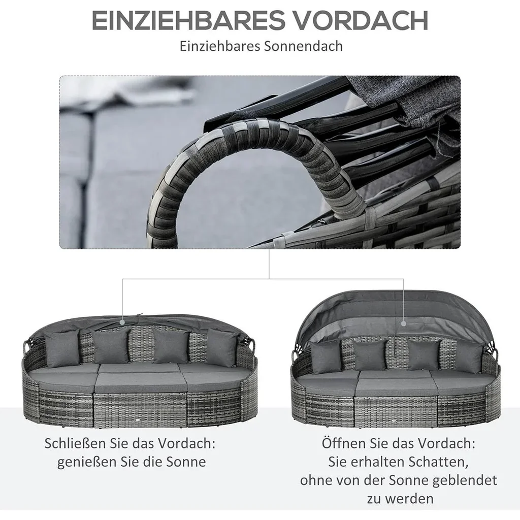 Rattan Sonneninsel 4-teilige Liegeinsel mit Sonnendach Sitzgruppe 4 Kissen Metall Grau 230 x 145 x 80 cm