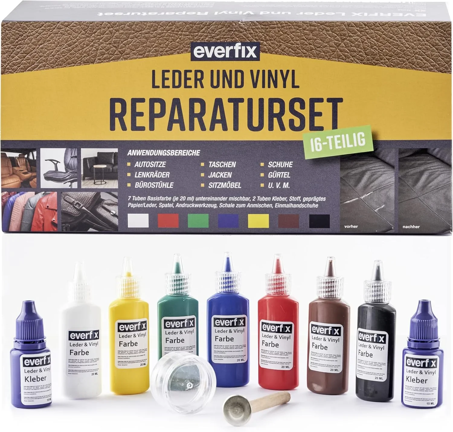 Leder & Vinyl Reparaturset (16-teilig) zur Reparatur von Leder und Kunstleder