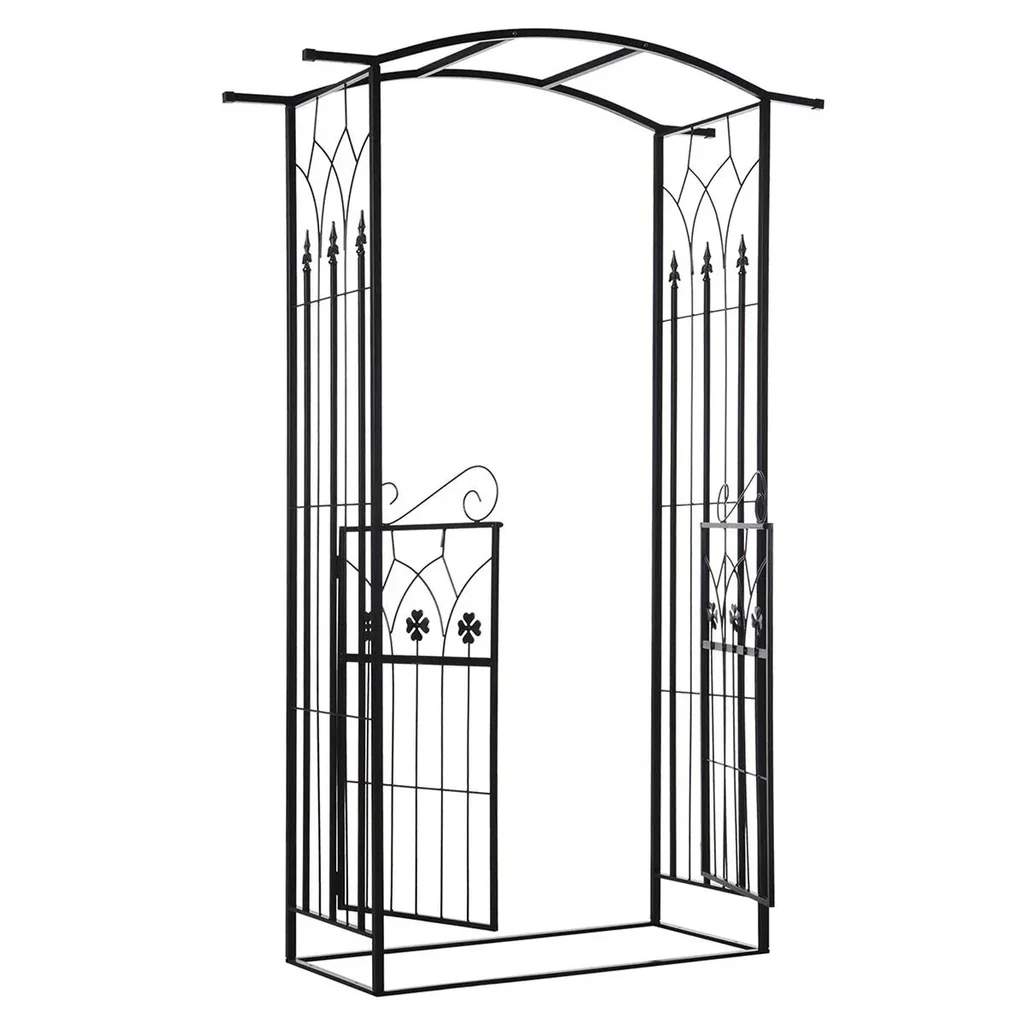 Pflanzbogen Torbogen mit zwei Türflügel Rankgitter Rankhilfe Garten Bogendach Metall Schwarz 131x 49 x 209 cm