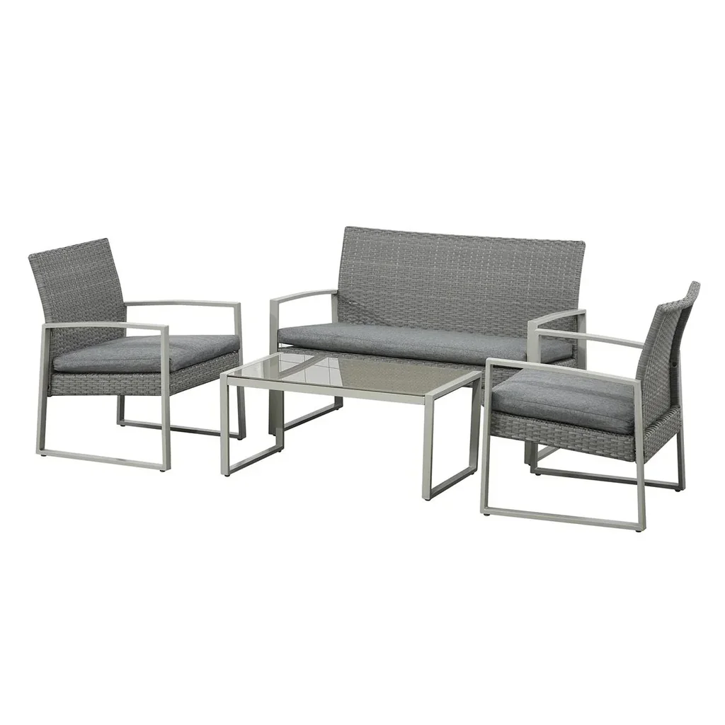 Polyrattan Sitzgarnitur 4 tlg. Sitzgruppe Gartenset Sofagarnitur Gartenmöbel Set Lounge Metall modern Grau